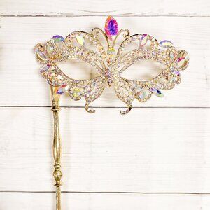 Masquerade Mask with Stick, Wedding Party Gold Stick Mask, Prom Crystal Mask